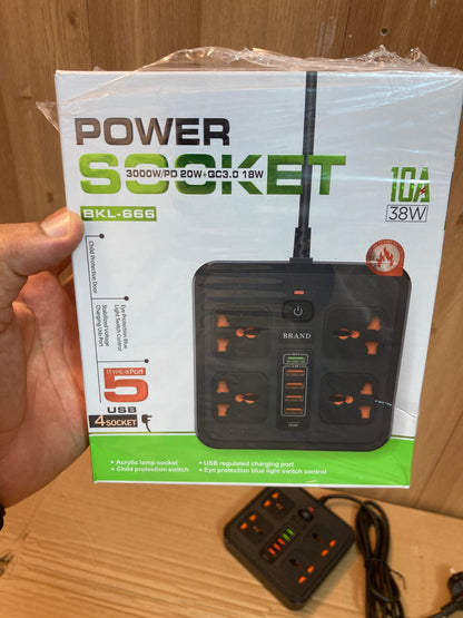 3000W Power Extension 4 Universal Socket+ 5 USB+ 1 Type-C Port BKL-666