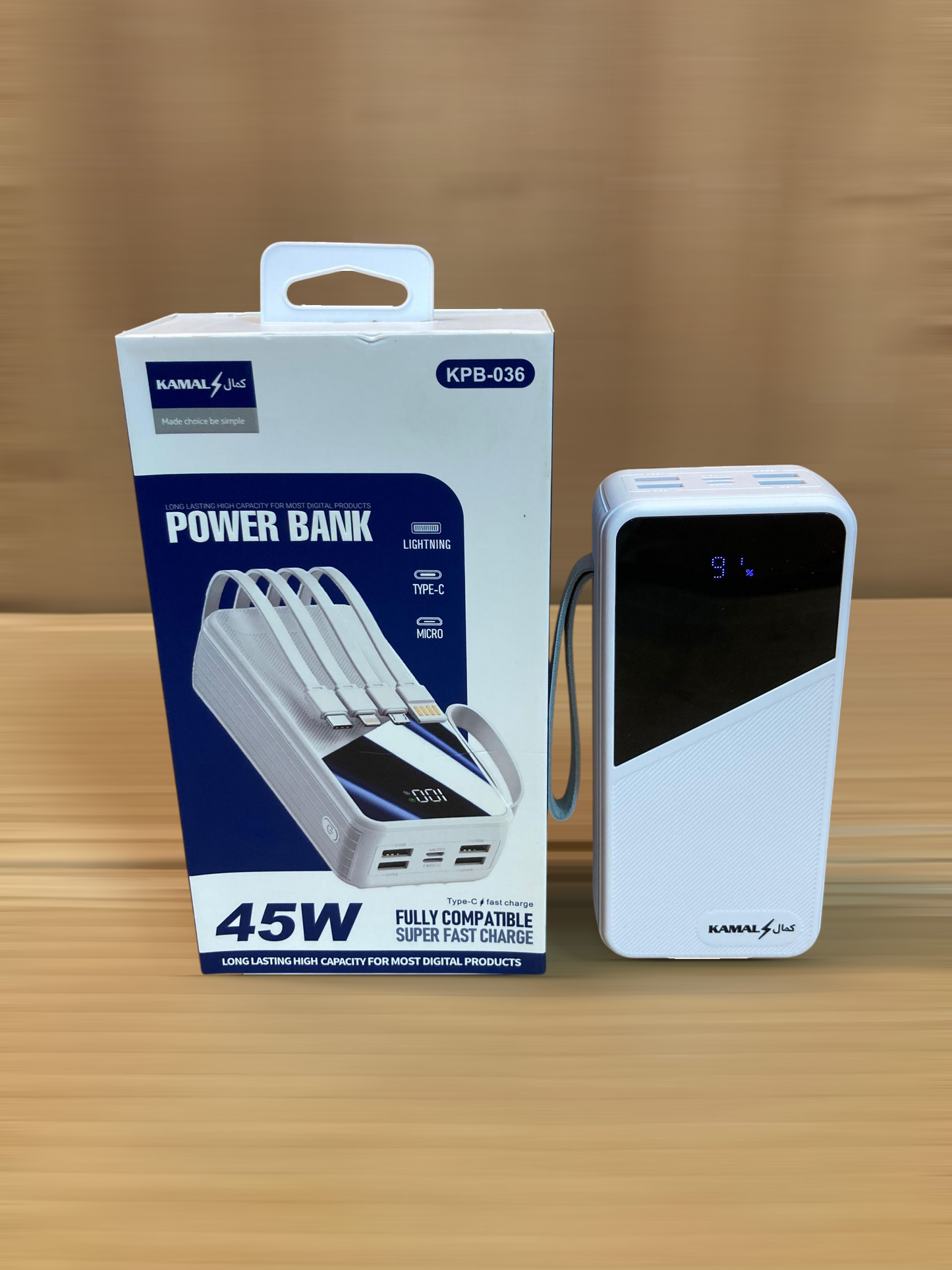 Kamal 45W Super Fast 4Built-in Cables Charging Power Bank 30,000mAh KPB-036